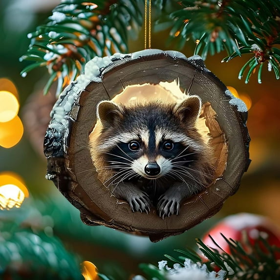 Christmas Animal Ornaments Owls Raccoons Decorative Tree Pendants 2D Flat Acrylic Hanging Seasonal Indoor Outdoor Holiday Decor