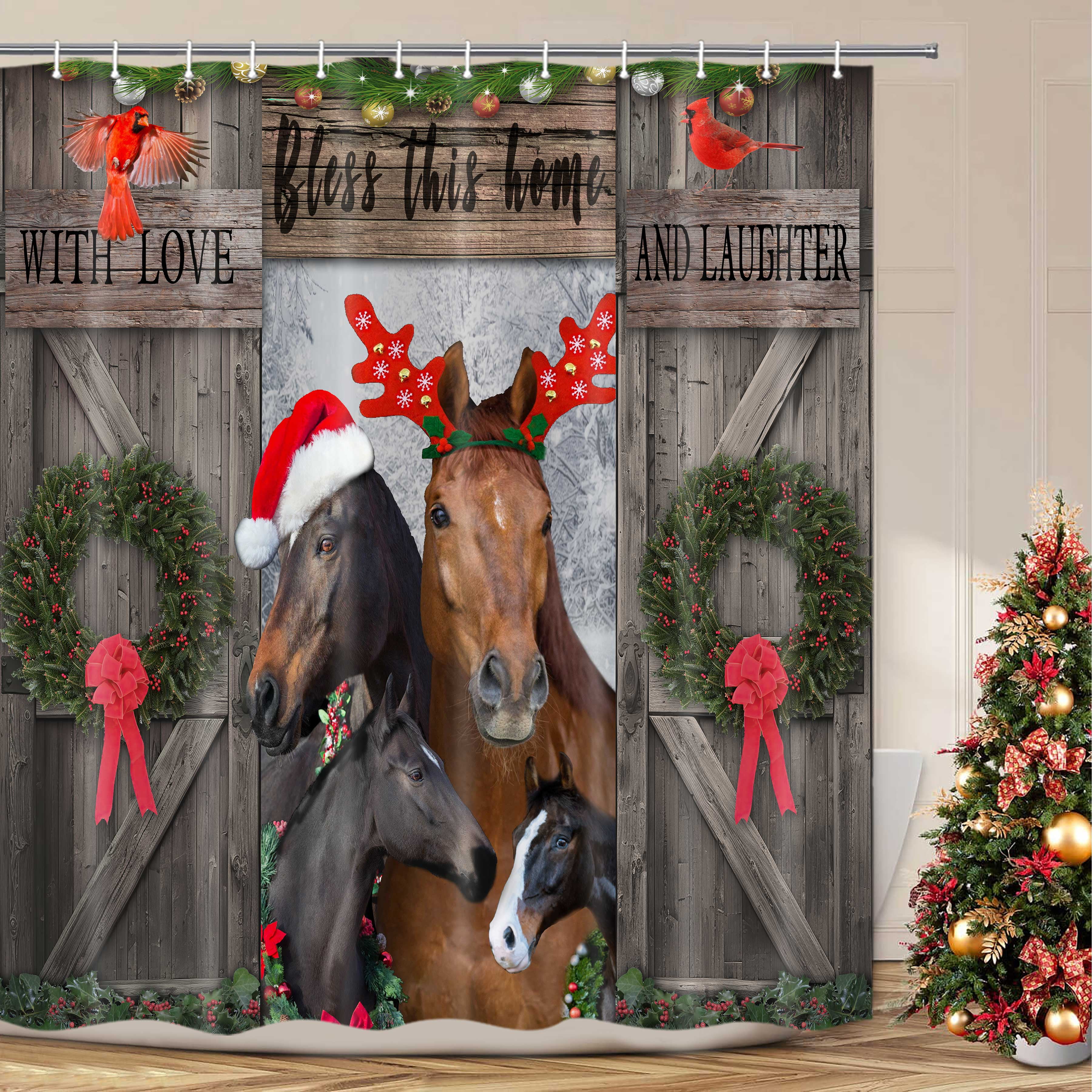 Christmas Animals Shower Curtain Farmhouse Horse Christmas Pine Tree