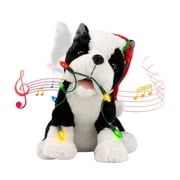 Christmas Animated Singing Plush Dog with Colorful Lights Black & White Animatronic Dog with Red Santa Hat, Christmas Sign, Head Move, Xmas Collectible Figure Gift for Indoor