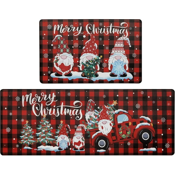 Christmas Anti Fatigue Kitchen Mat Set of 2, Waterproof Non-Slip Kitchen Mats and Rugs, Cushioned Buffalo Plaid Kitchen Rugs Comfort Floor Mat for Kitchen, Floor,Office, Sink, Laundry