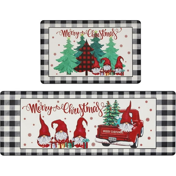 Christmas Anti Fatigue Kitchen Rugs and Mats Set of 2, Non Slip Waterproof Kitchen Floor Rugs, Buffalo Plaid Comfort Standing Desk Mat for Kitchen,Floor,Office,Sink,Laundry