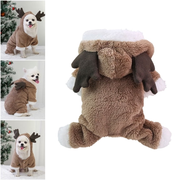 Christmas Antler Pet Costume, 4-Leg Thick Dog Winter Sweater, Festive Reindeer Jumpsuit for Small Dogs and Cats Cold Weather, Brown, S