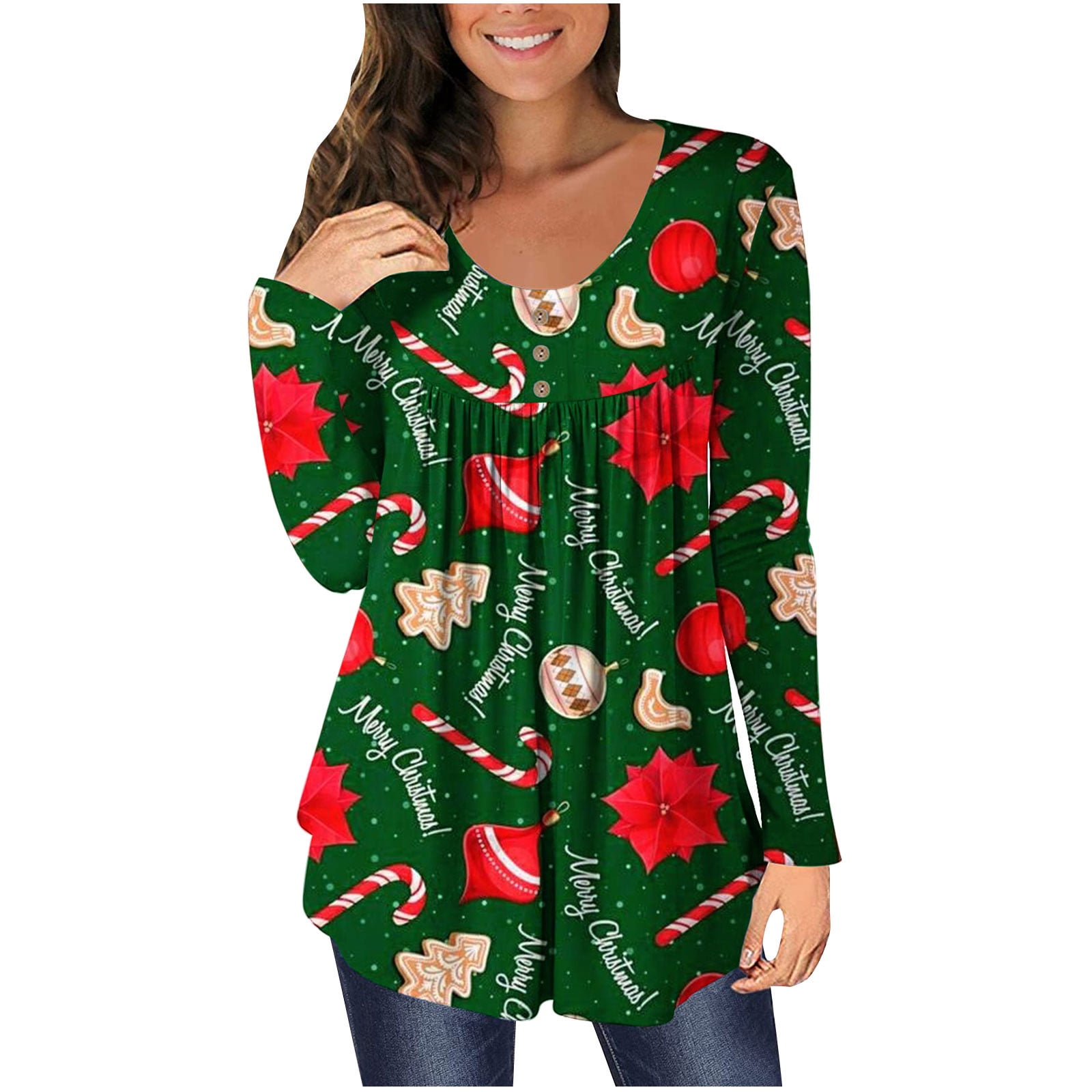 Christmas Apparel Graphic Tunic Shirts for Women Long Sleeve V Neck ...