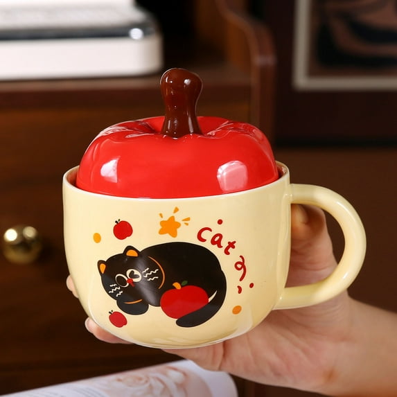 Christmas Apple Cartoon Ceramic Mug - Holiday Themed Hot Drink Cup with Lid & Spoon, Ideal for Cocoa/Coffee, Festive Party Gift,Red3