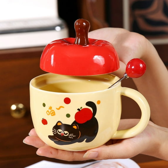 Christmas Apple Cartoon Ceramic Mug - Holiday Themed Hot Drink Cup with Lid & Spoon, Ideal for Cocoa/Coffee, Festive Party Gift,Red4