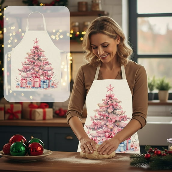 Christmas Apron for Adults, Santa Snowman Reindeer Design Kitchen Cooking Aprons, Waterproof Polyester Holiday Apron for Xmas Baking, Parties, Family Gatherings