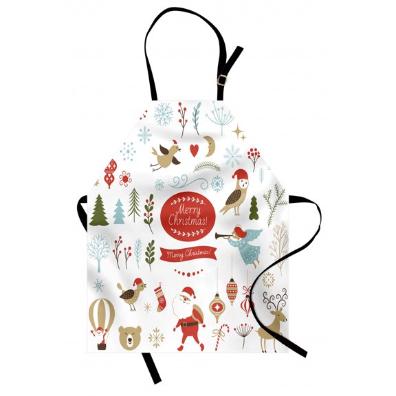 Christmas Apron Big Set of Christmas Graphic Elements Delicate Gentle Cute Ornate Figures Icons, Unisex Kitchen Bib Apron with Adjustable Neck for Cooking Baking Gardening, Multicolor, by Ambesonne