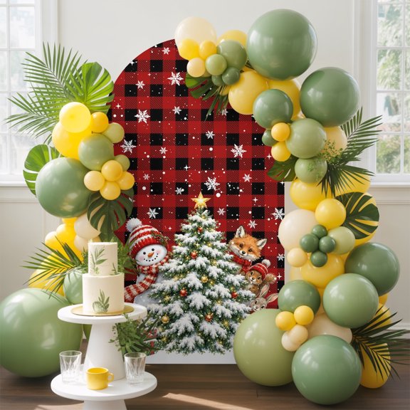 Christmas Arch Backdrop Cover, 4FT, Winter Xmas Ball Pine Tree Snowman Fox Snow Red Plaid Spandex Arch Covers Double-Sided Backdrop for Wedding Birthday Party Photo Background Decoration