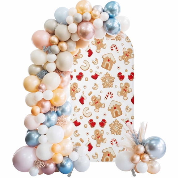 Christmas Arch Backdrop Cover 4x1.65 Ft, Spandex Wedding Arch Stand Cover, Gingerbread Merry Xmas Snowflakes Holiday Round Top Stretch Fitted Background Covers for Birthday Ceremony Party Decor