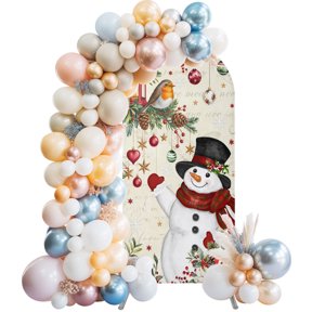 Christmas Arch Backdrop Cover 4x1.65 Ft,Spandex Wedding Arch Stand Cover,Snowman Xmas Tree Snowflake Winter Bird Poinsettia Round Top Stretch Fitted Background Covers for Birthday Ceremony Party