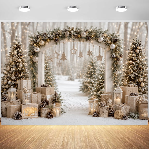 Christmas Arch Garland Snow Trees Backdrop Winter Photo Booth Decor Vinyl Banner Holiday Party Prop Studio Photography Background Wall Decoration Pine Cones Scene 5X3 ft