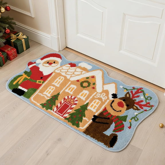 Christmas Area Rug, 23.5x47 Inch Gingerbread House Design with Santa & Reindeer, Non-Slip TPR Backing, Soft Holiday Doormat for Living Room & Bathroom