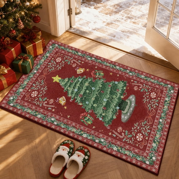 Christmas Area Rug 2x3, Boho Non-Slip Christmas Tree Machine Washable Carpet for Entryway, Xmas Low-Pile Area Rug for Living Room Bedroom Office, Holiday Decor Red