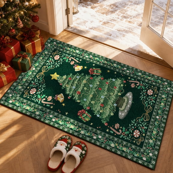 Christmas Area Rug 2x3, Boho Non-Slip Christmas Tree Machine Washable Carpet for Entryway, Xmas Low-Pile Area Rug for Living Room Bedroom Office, Holiday Decor Green