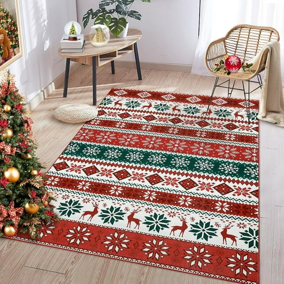 Christmas Area Rug 3' x 5', Washable Indoor Rug Non-Slip Low Pile Throw Floor Covers Xmas Boho Accent Rug Farmhouse Carpet for Living Room Bedroom Dining Room, Red