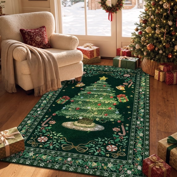 Christmas Area Rug 3x5, Boho Non-Slip Christmas Tree Machine Washable Carpet for Entryway, Xmas Low-Pile Area Rug for Living Room Bedroom Office, Holiday Decor Green