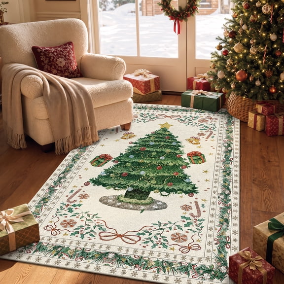 Christmas Area Rug 3x5, Boho Non-Slip Christmas Tree Machine Washable Carpet for Entryway, Xmas Low-Pile Area Rug for Living Room Bedroom Office, Holiday Decor Beige