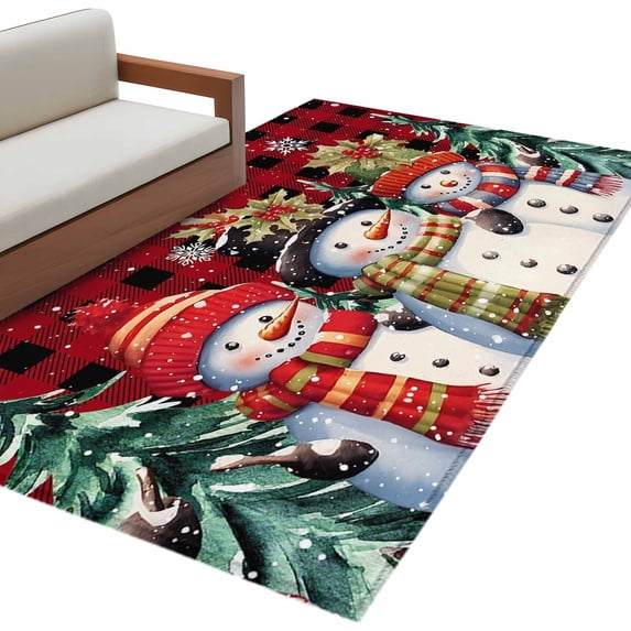Christmas Area Rug 3x5 FT, Non Slip Entryway Bedside Carpet, Xmas Berry Winer Snowflake Snowman Red Black Plaid Washable Soft Floor Carpet Indoor Mat Throw Rug for Dorm Kitchen Home Office
