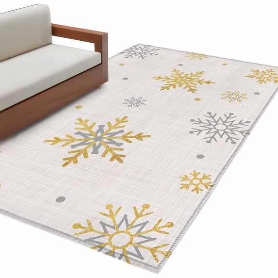 Christmas Area Rug 3x5 FT, Non Slip Entryway Bedside Carpet, Yellow Grey Winter Snowflake Rustic Washable Soft Floor Carpet Indoor Mat Non-Shedding Throw Rug for Dorm Kitchen Home Office