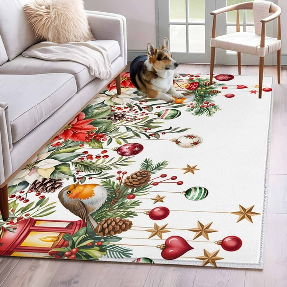 Christmas Area Rug 3x5 Washable Rug Non Slip Xams Tree Winter Red Poinsettia Pine Cones Large Area Rug Indoor Floor Carpet for Entryway Bedroom Kitchen Living Room Home Office Dining Room Nursery