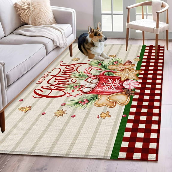 Christmas Area Rug 3x5 Washable Rug Non Slip Xmas Hot Cocoa Red Black Plaid Gingerbread Holiday Large Area Rug Indoor Floor Carpet for Entryway Bedroom Kitchen Living Room Office Dining Room Nursery
