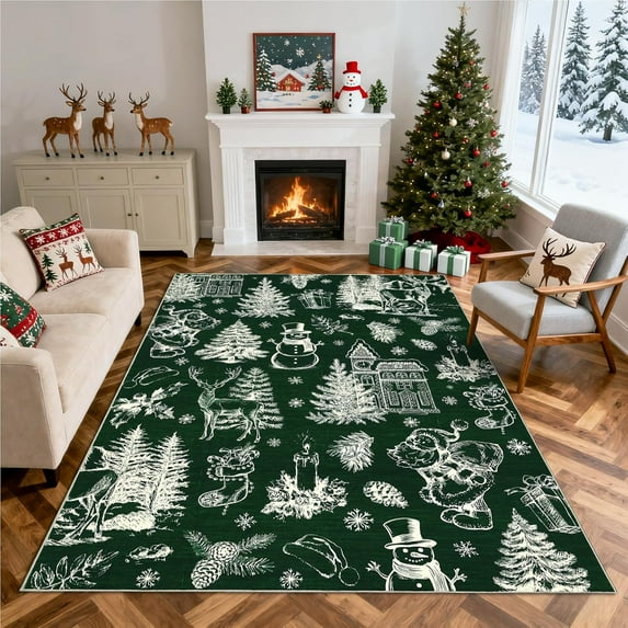 Christmas Area Rug 4' x 6', Machine Washable Non-Slip Carpet, Rug Soft Low Pile Stain Resistant Throw Rugs for Living Room Entrance Hallway Bedroom Kitchen Nursery, Green