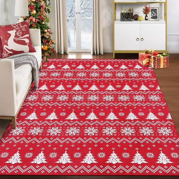 Christmas Area Rug 5' x 7', Washable Large Rugs Xmas Snowflakes Rug, Soft Washable Carpet for Living Room Bedroom, Red