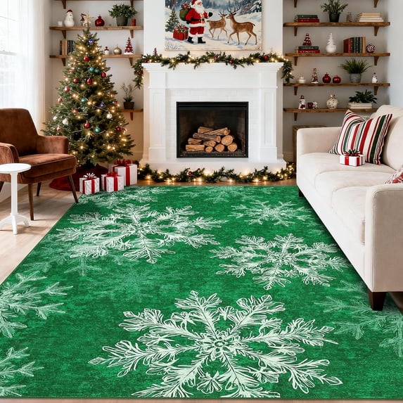 Memoryfield Christmas Area Rug 5' x 7' Washable with Non Slip TPR Backing, Low Pile Christmas Snowflakes Winter Rugs, Xmas Decoration Carpets for Nursery Bedroom Dining Room, Green