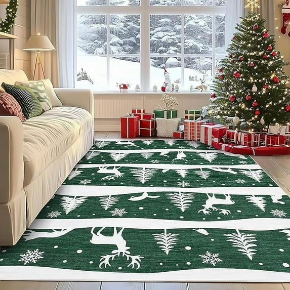 Christmas Area Rug, 6x9 Non-Slip Washable Hallway Runner Rug with Rubber Backing, Low Pile Faux Wool Carpet Runner Holiday Decor Xmas Rug for Bedroom, Kitchen, Laundry, Entrance, Green