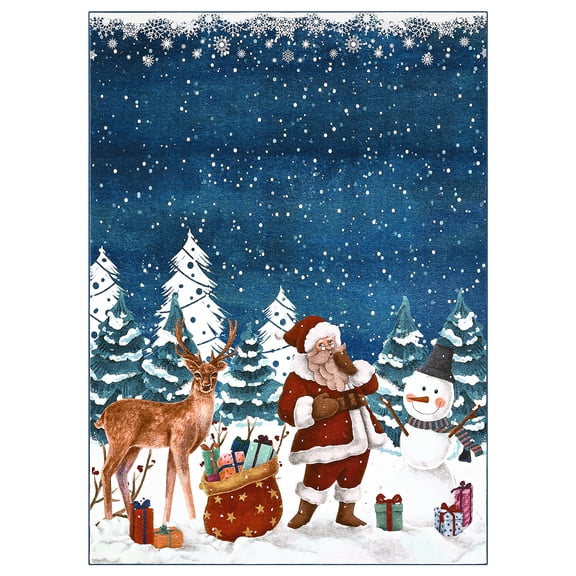 Christmas Area Rug 6x9 Washable Snowman Pine Trees Santa Claus Deer Rug Low Pile Blue Rug for Dining Room Home Decor Christmas Decorations