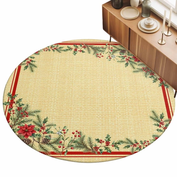 Christmas Area Rug 8', Rustic Red Poinsettia Pine Needle Yellow Linen ...