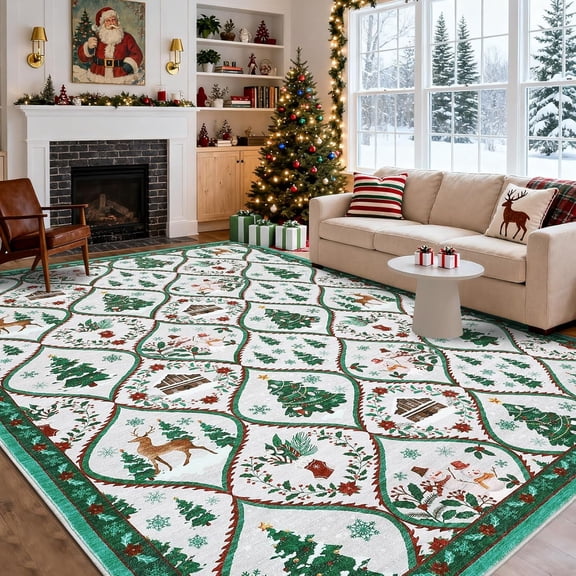 Memoryfield Christmas Area Rug 8' x 10', Santa Reindeer Holiday Accent Rug Non Slip Washable Xmas Carpet, Floor Cover Indoor Low Pile Foldable Mat for Living Room Bedroom Nursery, Beige