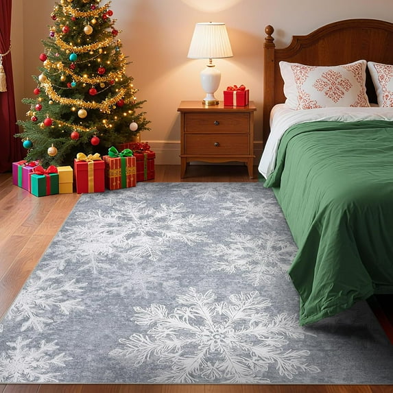 Christmas Area Rug 8' x 10' Washable with Non Slip TPR Backing, Low Pile Christmas Snowflakes Winter Rugs, Xmas Decoration Carpets for Nursery Bedroom Dining Room, Gray