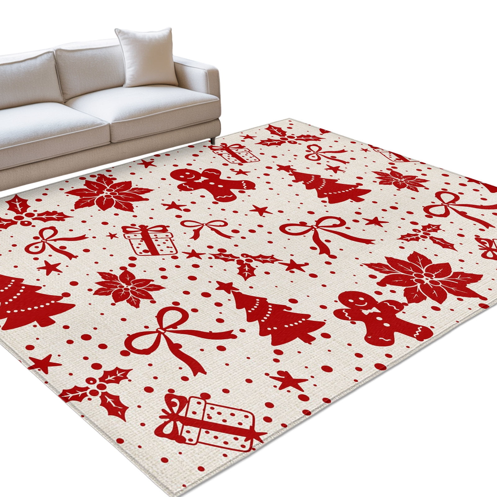 Christmas Area Rug 8'x10', Winter Red Man Flower Berry Star Bow Large ...