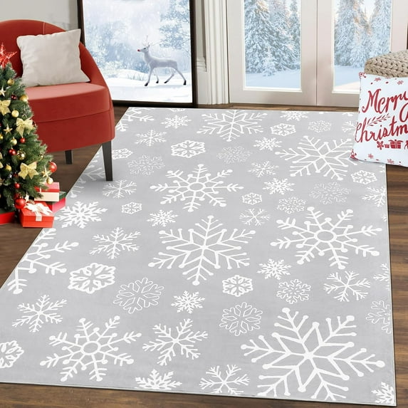 Christmas Area Rug 8x10 Living Room Rugs Large Bedroom Rugs Non Slip Washable Xmas Decoration Dining Room Throw Carpet Soft Low Pile Snowflakes Rug for Holiday Festival Boho Rug for Nursery, Grey