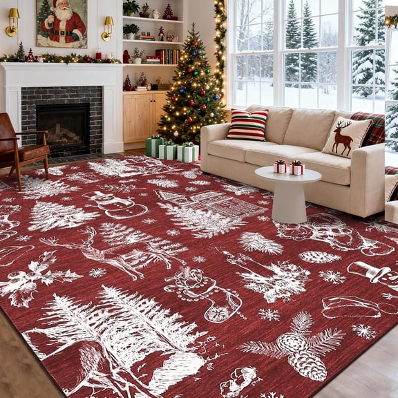 Memoryfield Christmas Area Rug 9' x 12', Machine Washable Non-Slip Carpet, Rug Soft Low Pile Stain Resistant Throw Rugs for Living Room Entrance Hallway Bedroom Kitchen Nursery, Red