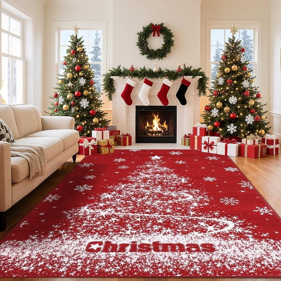 Memoryfield Christmas Area Rug 9' x 12', Machine Washable Rugs Holiday Christmas Tree Print Throw Carpet, Low Pile Rug Stain-Resistant Xmas Rugs for Bedroom Living Room Dining Room Party