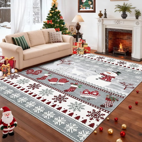 Memoryfield Christmas Area Rug 9' x 12', Xmas Snowflake Rug for Living Room, Washable Carpet with Non Slip Rubber Backing, Low Pile Non Shedding Printed Mat, Floor Covering for Bedroom, Gray