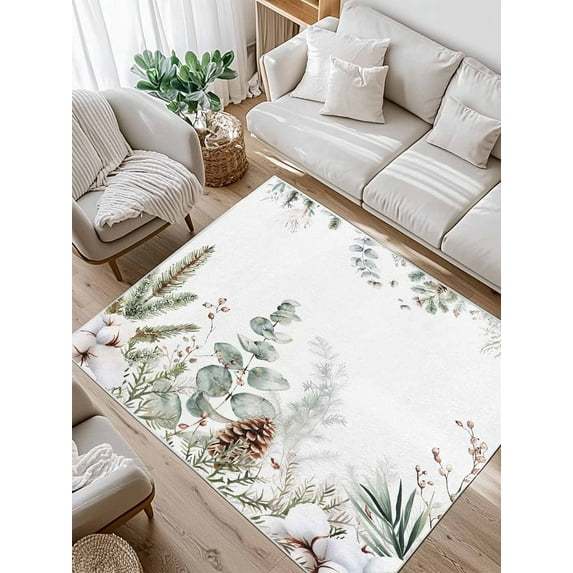 Christmas Area Rug for Bedroom 4x6 Ft Winter Eucalyptus Leaf Snow Pine Cone Super Soft fuzzy Throw Rug Non-Slip Fluffy Plush Indoor Floor Carpet for Living Room Nursery Home Decor