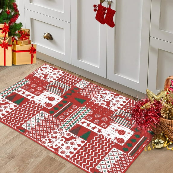 Christmas Area Rug Christmas Patchwork Pattern Small Runner Rug Doormat Non-Slip Holiday Decorative Washable Floor Carpet for Kitchen, Entryway, Living Room, Bedroom