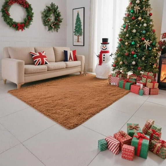 Christmas Area Rug for Living Room, Large Fluffy Rug for Bedroom & Fuzzy Furry Plush Soft Rugs, Small Shaggy Carpet for Dorm Room Home Decor (47"X31", Khaki Color)