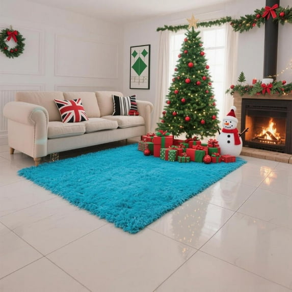 Christmas Area Rug for Living Room, Large Fluffy Rug for Bedroom & Fuzzy Furry Plush Soft Rugs, Small Shaggy Carpet for Dorm Room Home Decor (47"X31", Sea Blue Color)