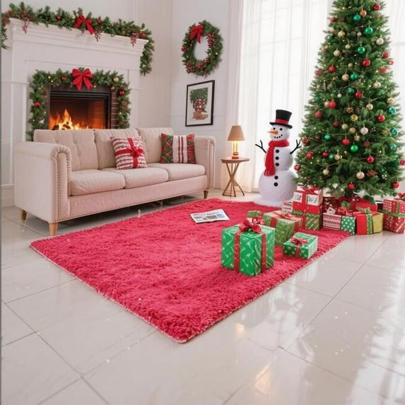 Christmas Area Rug for Living Room, Large Fluffy Rug for Bedroom & Fuzzy Furry Plush Soft Rugs, Small Shaggy Carpet for Boys and Girls Dorm Room Home Decor (55"X20", Rose Red)