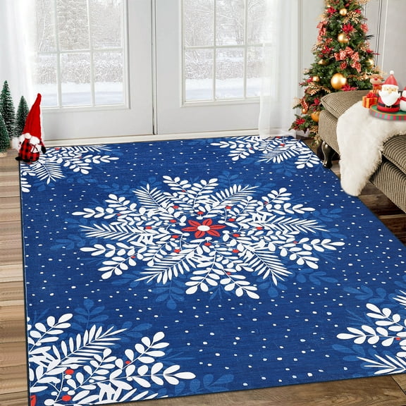 Christmas Area Rug, Non-Slip Washable Snowflake Living Room Rug, Soft Low Pile Rug Holiday Decor Xmas Floor Carpet for Living Room, Bedroom