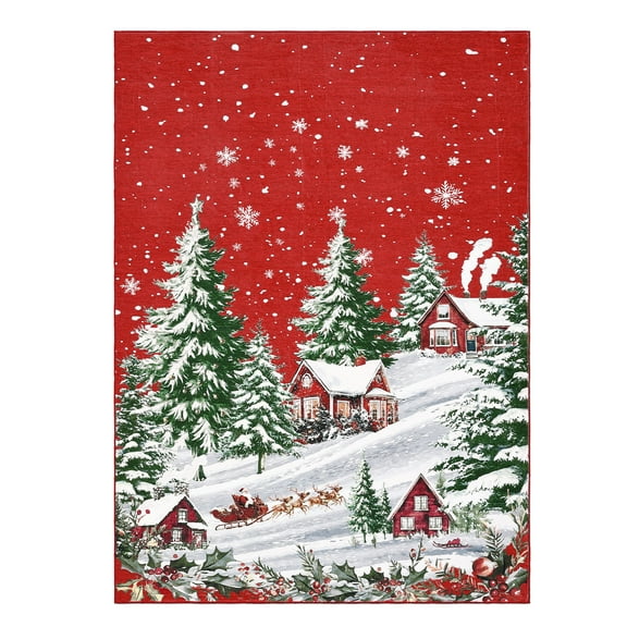 Christmas Area Rug, Red Green Snowflake Tree Rugs Washable Throw Runner Rugs Carpet for for Living Room Kitchen Dining Room Nursery Kids Room Office