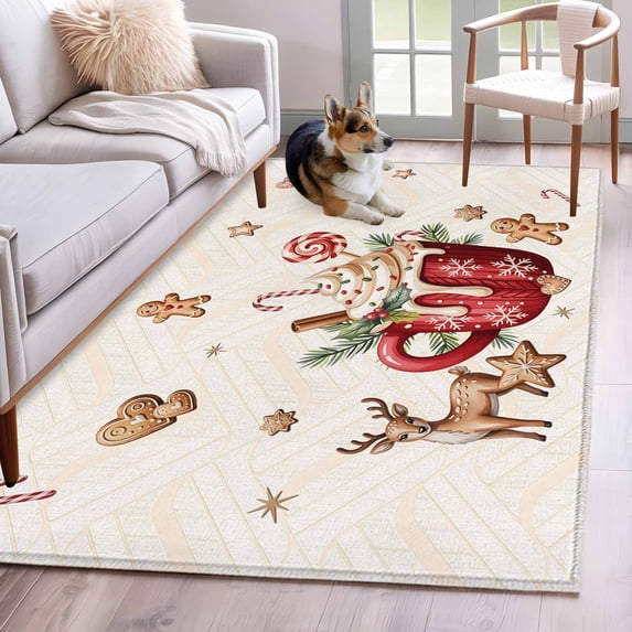 Christmas Area Rugs 4'x6', Washable Small Throw Rugs for Office Bathroom, Winter Deer Ice Cream Cookies Star Pine Needle Indoor Outdoor Rug Non-Slip Low Pile Carpet Runner Reversible Floor Mats