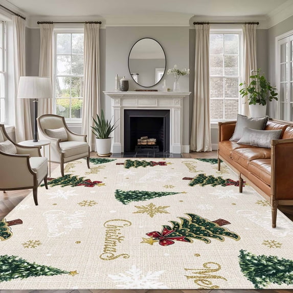 Christmas Area Rugs 5'x8', Washable Small Throw Rugs for Classroom Bedroom, Winter Pine Tree Gold White Xmas Snowflakes Indoor Outdoor Rug Non-Slip Low Pile Carpet Runner Reversible Floor Mats