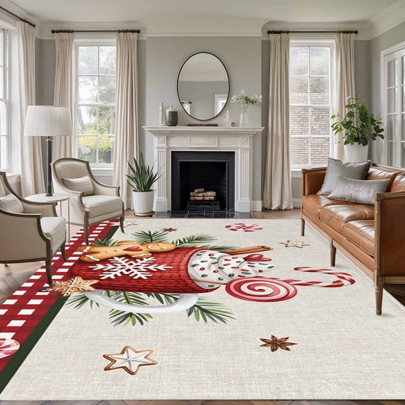 Christmas Area Rugs 8'x10', Washable Small Throw Rugs for Living Room Patio, Retro Winter Ice Cream Snowflakes Needles Plaid Indoor Outdoor Rug Non-Slip Low Pile Carpet Runner Reversible Floor Mats