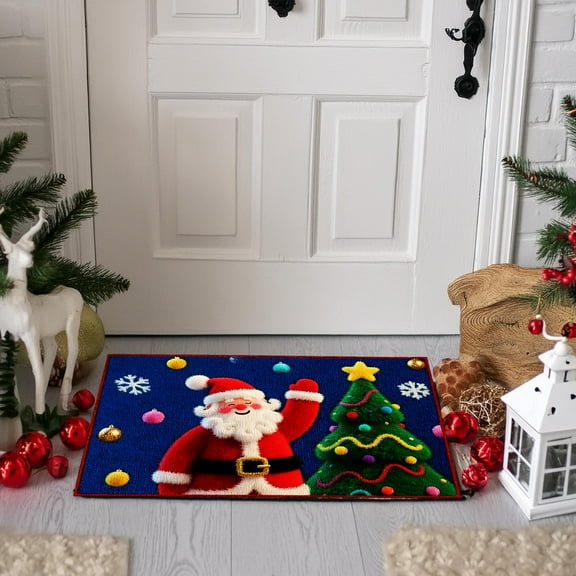 Christmas Area Rugs, Santa Claus Fireplace and Christmas Tree Area Rug, Christmas Door Mat Indoor Non-Slip Washable, Christmas Rugs for Living Room Bathroom Kitchen Floor, Xmas Decor 16x24in