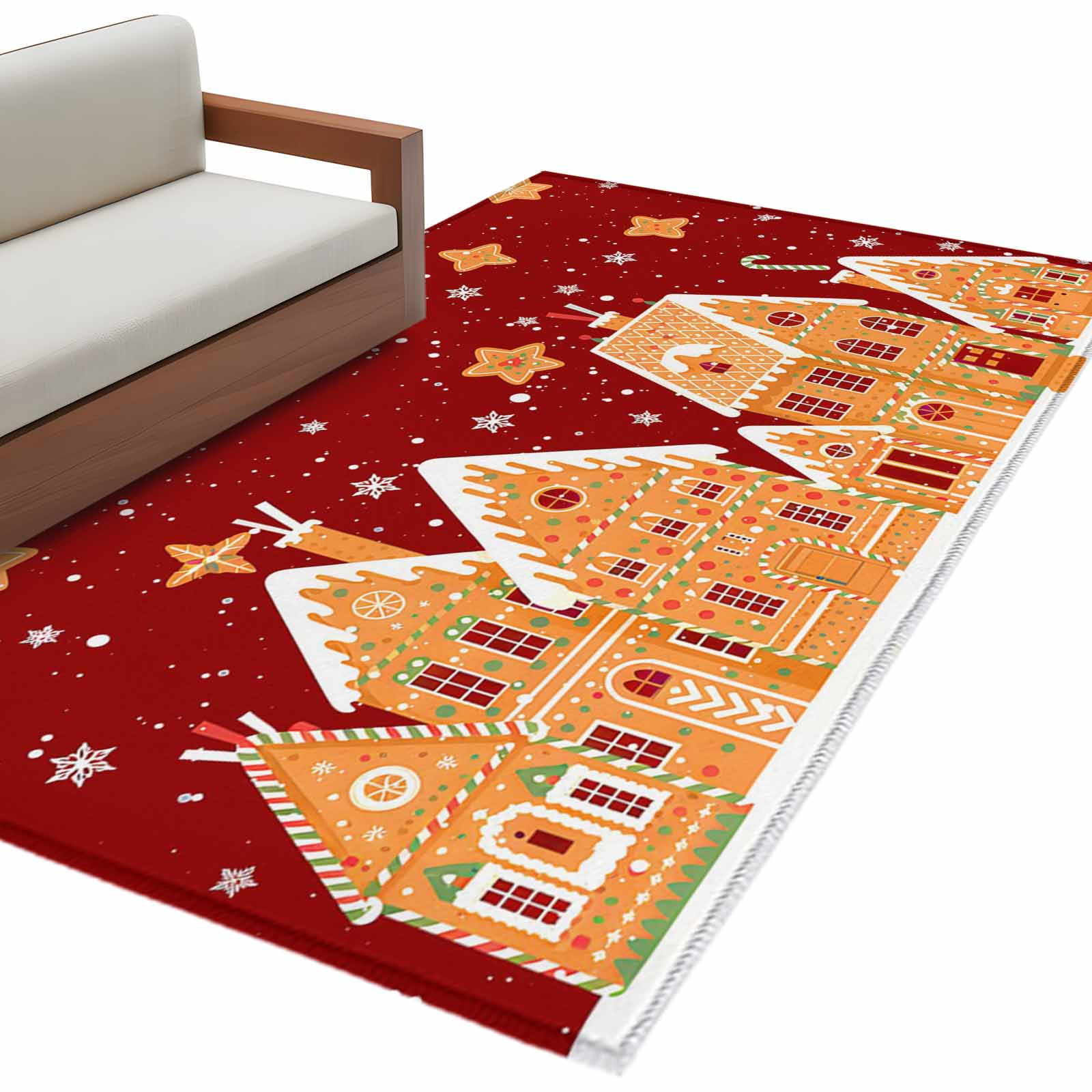 Christmas Area Rug 2.7x5ft Candy Gingerbread House Snow Red Backdrop ...
